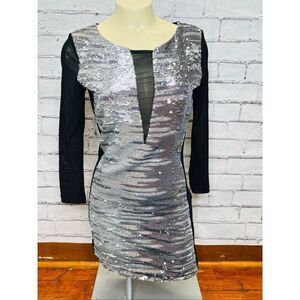 Bebe Addiction Womens Black Silver Sequins Mesh 3/4 Sleeve Bodycon Dress Medium